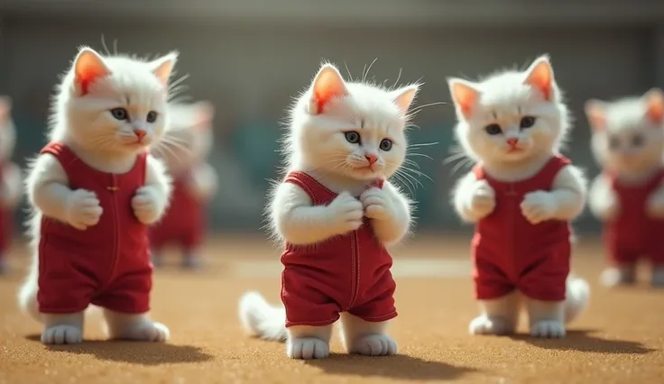 A fat, ultra-white, human-like chubby kitten with soft, fluffy fur chubby kitten, still in its red denim, shyly approaches the team of slim and beautiful kittensthat are human-like and wearing athletic dresses.It looks nervous but hopeful, standing awkward...