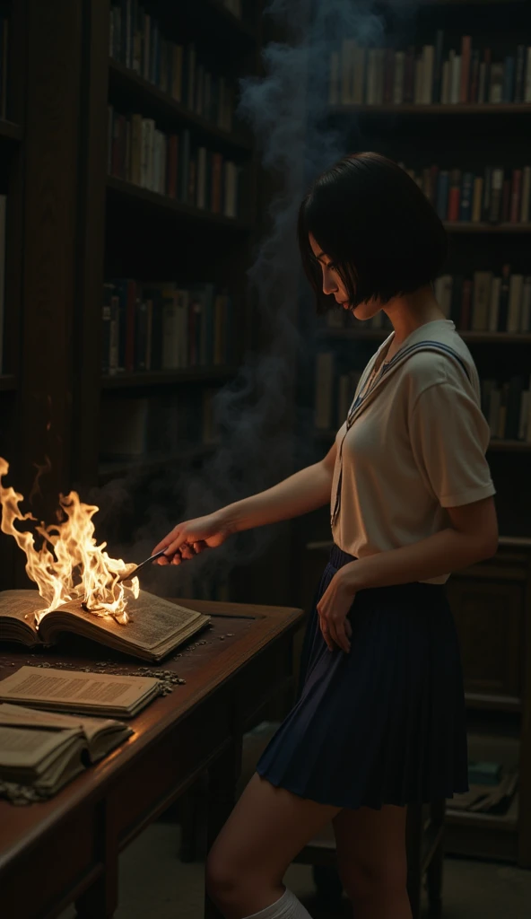 Close-up shot of a young Thai woman with short bob haircut in an eerie school library at night, setting fire to books on a reading table. On the table is an old book open, in the darkness and burning octopus tentacles, smoke billows throughout the library....