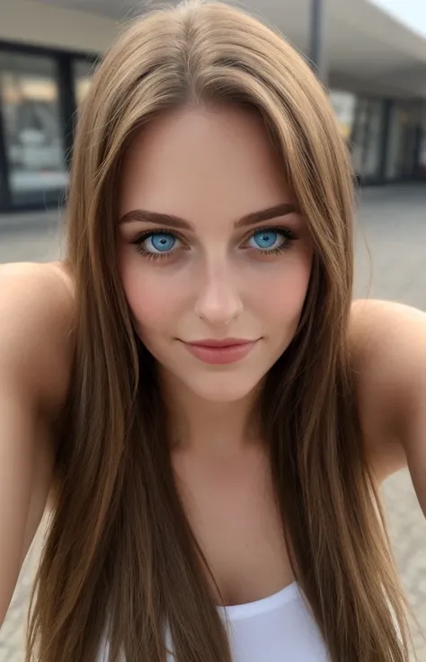 a selfie of a pretty young woman, Long Straight Hair, Blue Eyes, taken with iphone camera