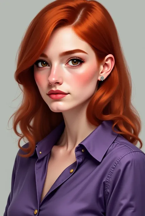 A redhead with medium straight hair, brown skin and brown eyes with a purple blouse