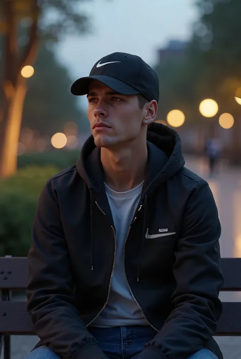 Handsome Young Guy in Nike hat sitting on bench in que evening