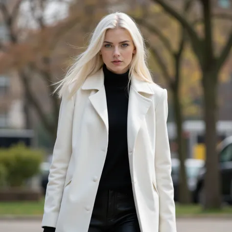 A beautiful, young woman with pale skin,  blue eyes and white hair, some black pants and a black sweater, On top of a full white coat,  walking in a park in the afternoon,  modern environment , alta resolución. 