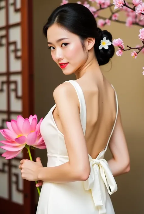 “Portrait of an elegant young woman standing gracefully in a soft, traditional setting. She is wearing a delicate white dress with an open-back design, tied with a satin ribbon, emphasizing her femininity. Her hair is styled in a low bun adorned with a sma...