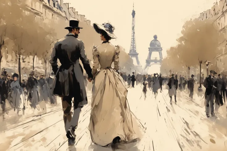 sketch, Of a couple in love walking through a wide landscape of Paris in 1890, ,  with thick, crossed lines ,  artwork .  Calcium light .   alta resolución,    masterpiece,  alta resolución,  lines of motion,   The best quality  ,   tall details,  ,  beige...