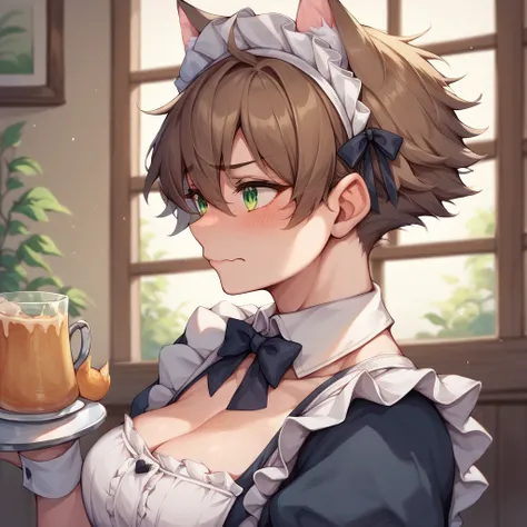 a very muscular, athletic and very tall tomboy with brown hair and green eyes. she is wearing a maid outfit with cat ears. she looks embarrassed and blushing. she is at a maid cafe.