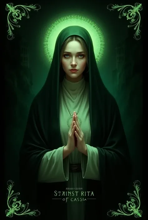 Make a design with a black background and green details with the image of Saint Rita of Cássia in the center and below the phrase what is impossible for men is possible the God Saint Rita of Cássia