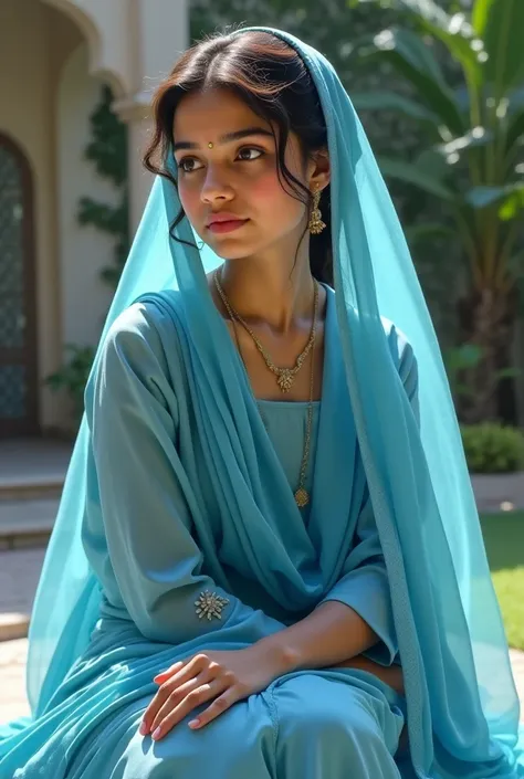 A 16-year-old girl wearing a Sky 
blue sari is sitting