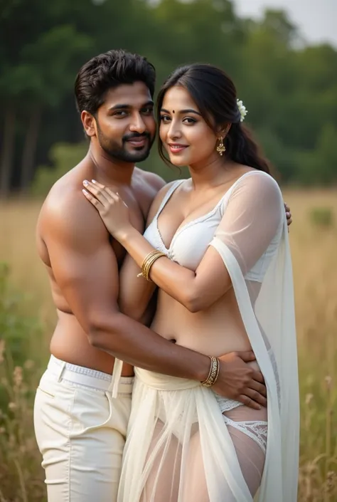 Man hugging voluptuous young indian woman of 21 years covering white bikini lingerie whith translucent saree.. covering with white transparent translucent saree. Bikini is visible ,wife  hugging husbandLarge breasts, 