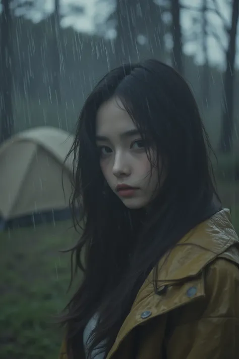 (A young and extremely beautiful woman watches the rain from her tent:1.5)、Outdoor camping in the rain、heavy rain、Pouring rain、motion blur effect、Beautiful detailed eyes、Beautiful detailed lips、Highly detailed eyes and face、Long eyelashes、Detailed camping ...