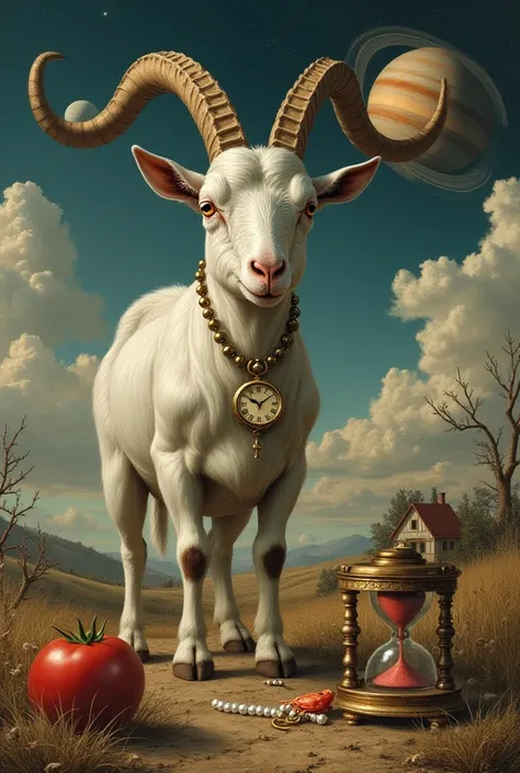  Goat with a watch around his neck old watch an hourglass in the middle of the image the right side is dry and in the sky there is Saturn ,  on the left side there is a crab looking after pearls and a moon in the sky , There is a tomato foot and a house   