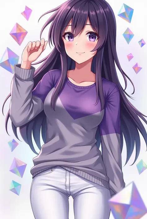  woman with long hair,  dark purple color , violet eyes,  smiling, purple and light gray shirt, white jeans pants, with diamond-shaped prisms surrounding it, with one arm raised as a sign of trust, shonen anime style. 