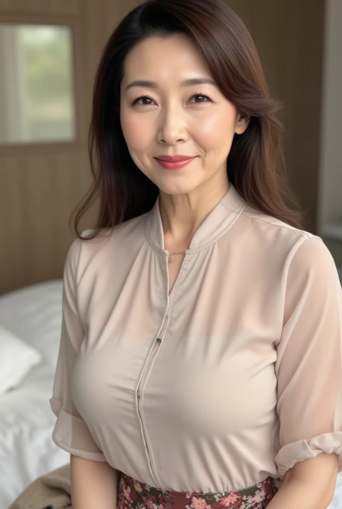   mature women、   Japanese  、48 years old (Mature Beauty: 1.5)、 kind,  Enchanting Smiles  、(  nasolabial fold  :1.4)、   Natural Aging   、Warm Eyes 、( close up shot of upper body:1.3)、   Soft  , Natural wrinkles 、   clean skin (1.4)、    sharp concentration ...