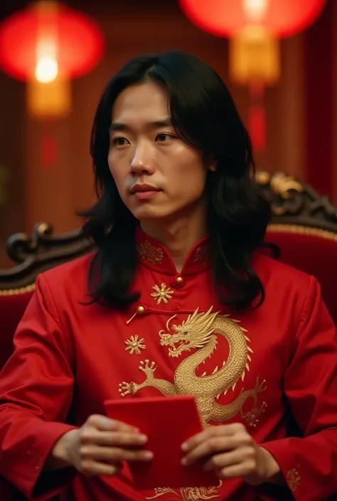 A young Chinese man with black long hair, wearing a red Chinese dress and a golden dragon print, looked at the audience with intense eyes, sitting on a sofa lined with red, carrying a red envelope, the atmosphere was Chinese and there were red lanterns.