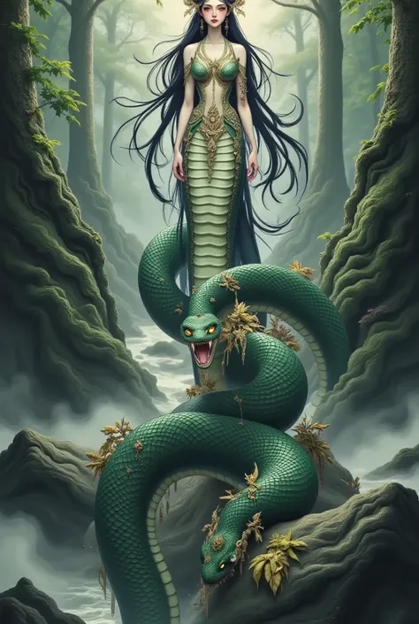 " is called “Snake Woman , depicts a beautiful and scary woman ，The upper body is a human figure ，The lower body is in the shape of a snake .  Her figure has a smooth , pale,  Her long dark hair flutters gracefully , partially covering her glowing Kanekoen...