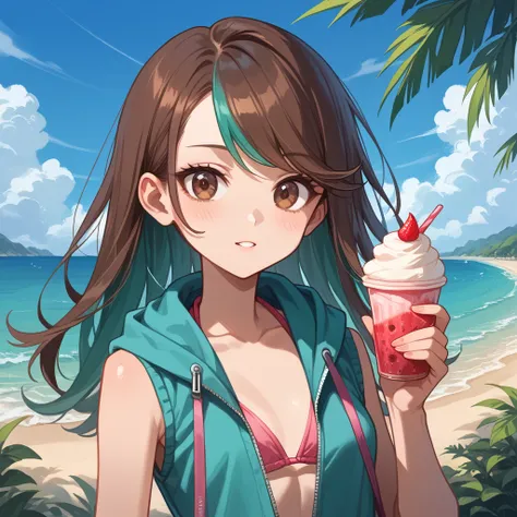  (Masterpiece, best quality), intricate details, JK, , upper body, holding icecream, close up, content expression, brown eyes, very long brown hair with teal highlights, sleeveless unzipped teal hoodie, pink bikini, ((long swept bangs)), beach, tall weeds,...