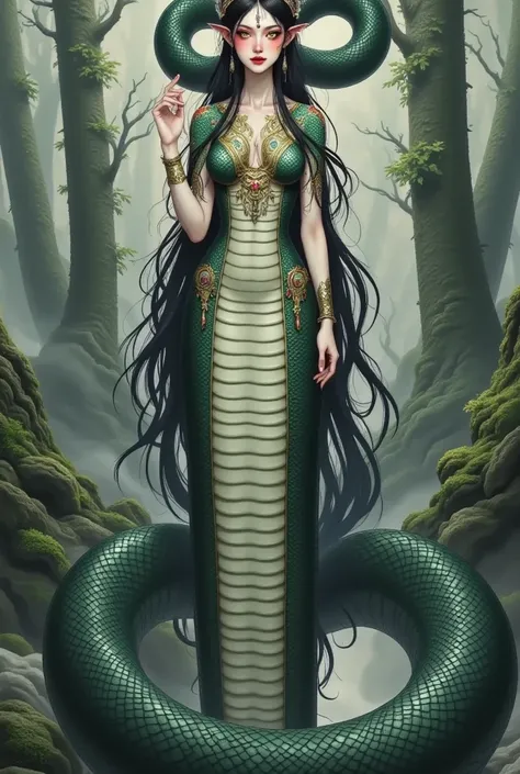 " is called “Snake Woman , depicts a beautiful and scary woman ，The upper body is a human figure ，The lower body is in the shape of a snake .  Her figure has a smooth , pale,  Her long dark hair flutters gracefully , partially covering her glowing Kanekoen...