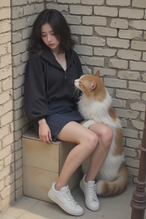 "K-pop style women&#39;Realistic image、Korean Beauty, length, ウェーブのかかったBlack Hair. The back wall is made of bricks、The cat approached、She sits and strokes the cat&#39;s head、She comes face to face with the cat、She has a black hoodie windshield over her hea...