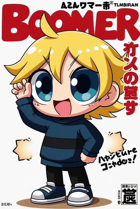 Japanese manga cover with dynamic and loudmouth vibes, featuring male Powerpuff Girl with blonde flippy bangs, dark blue eyes, dark blue sweater with black stripe, black pants and black sneakers. The title reads "Boomer - The Dumber than the Dumbest"