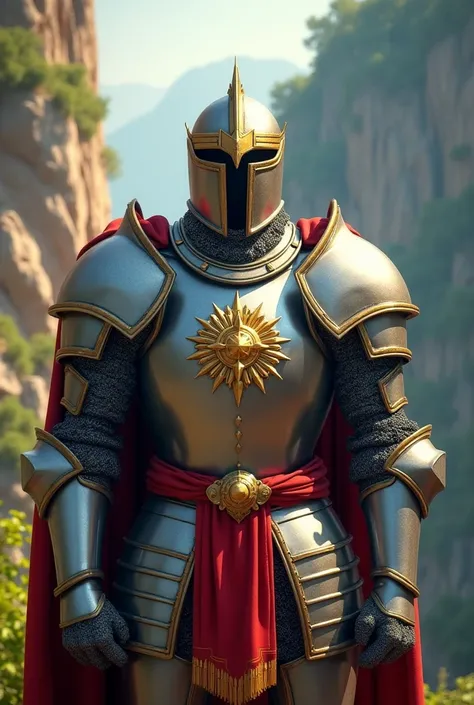  a single knight image seen from three angles :  front view ,  side view and three-quarter view .  A champion inspired by Dungeons and Dragons . Knight with heavy armor, proud, brave,  while his armor shines in sunlight .  forest cliff background ,  intric...