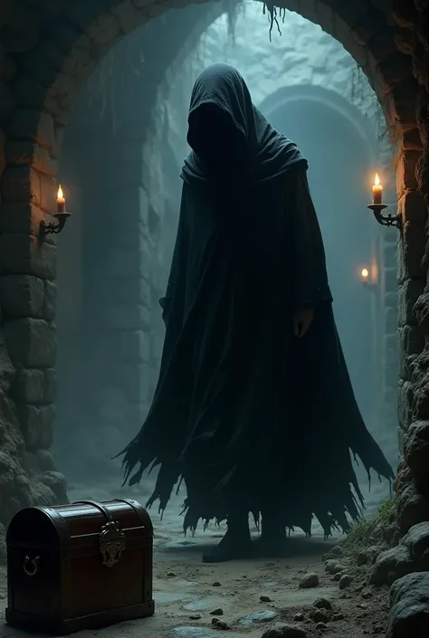 A faceless wanderer in black walks into the dungeon wearing the same cloak
found a chest