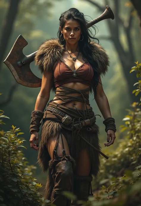 a dramatic capture of a barbarian feminine lady clad in ancient barbaric fur. she holds a big rusty axe. she's standing amid bush terrain, the light and shadow accentuating her toned body. the capture angle emphasizing her ancient beauty, amplify male view...