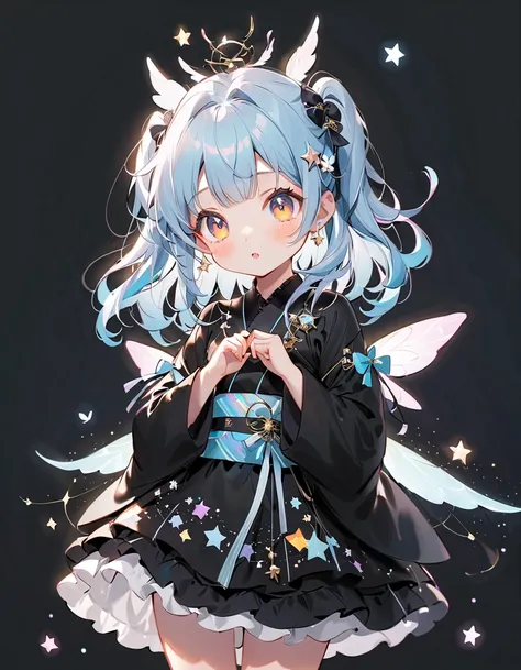  best detail、  1 girl，，Blink，  Milky white and blue hair color、  The Cutest Girl in the World   ，Please wear a colorful and cute goth kimono costume  , star fairy ,Please wear a colorful and cute goth kimono costume   with little fairy feathers growing fro...