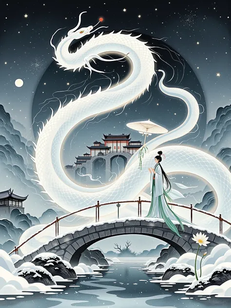  The Legend of the White Snake，Chinese style，Ink，Fine brushwork，Rock Color，West Lake，Broken Bridge，Leifeng Pagoda，Lotus，willow，Bai Suzhen，Xu Xian，Green Snake，Suiman Kanayama，Broken Bridge残雪，love，myth，legend，classical，Elegant，Aesthetic，romantic，Sad，Mourning