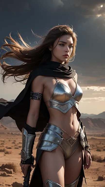 A fierce young woman stands confidently in a desert landscape, wearing a shiny metallic armor bikini that glimmers under the dim, overcast sky. She holds a weapon, ready for battle, with a flowing cape billowing dramatically in the wind. The background fea...