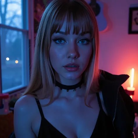 A sister , full lips, BLONDE hair, dark, adolescente appearance, dark makeup , eyeliner , long hair with strings on the forehead, Separate fringes , dark collar , WEARING black lingerie , wearing neon black caps , shoulders, look, contact view , How many g...