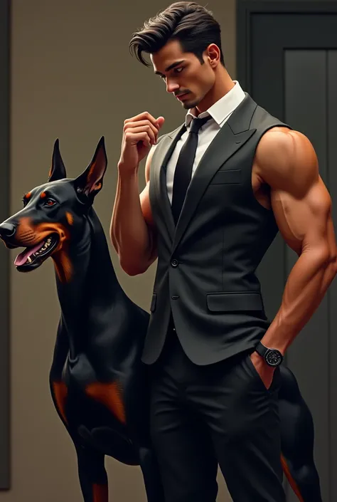 Young lawyer from Trigueño muscular and sexy with a black Doberman dog and a gray and white gesture 