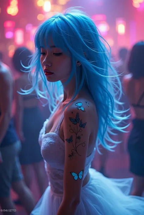 A petite girl , with white skin and blue hair, She is dancing and has butterfly tattoos on her shoulder, Dance in the middle of a nightclub 