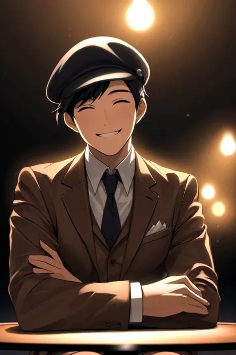 Black-haired man wearing a flat cap. , she is sitting in front of a lighted table in a dark space while wearing a brown suit. A smiling expression is full of relaxation.