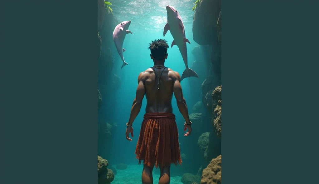  Hyperrealistic 3D cinematic scene of Nantu ,  a 20-year-old male boy with brown skin ,  short black hair lacipy Amazonian features ,  wearing traditional attire from the Yanaipé village with brown skin and Amazonian features,  swimming with pink dolphins ...