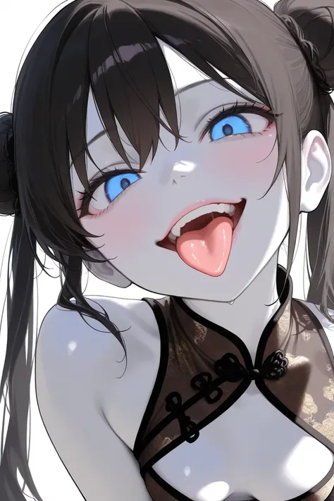 (Best Quality, Background Detail), Best Quality, Original Detail Dynamic Art, Anatomically Correct, Tongue Out, Blue Eyes, Aside, One Girl, Provocative Gaze, Evil Smile, (White Skin), Twin Tails, Dark Hair, (Black China Dress), (Shade), Bad Girl,. ((sexy p...