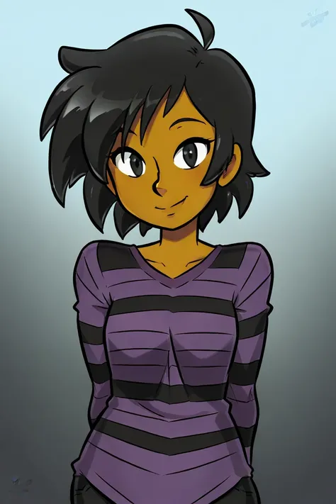 2D, score_9, score_8_up, score_7_up, BREAK, 1girl, solo, Felicia_(Erma), Dark Skin, Black Hair, Black Eyes, Purple Shirt, Striped Shirt, smile