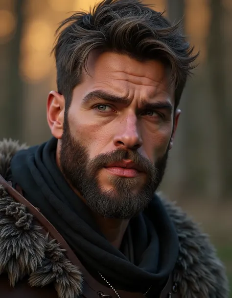 a handsome 25 years old Norse warrior, short brown hair, bearded, beautiful detailed eyes, extremely detailed face, beautiful lips, leather light armor, serene gaze, photorealistic, cinematic lighting, dramatic lighting, high contrast, warm color tones, re...