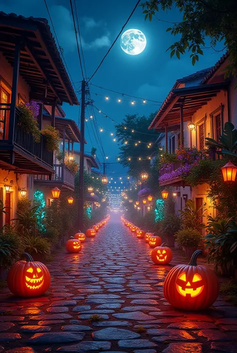 Give me a real-life image of what Halloween in Brazil would be like: houses decorated with Halloween electronics in Brazil as it is in the USA 