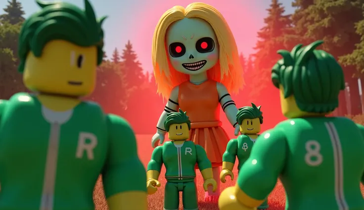 "An intense scene from Roblox's version of Squid Game Season 2, featuring classic Roblox-style characters participating in the 'Red Light, Green Light' game. All the Roblox characters are wearing green tracksuits, similar to those in Squid Game Season 2, w...