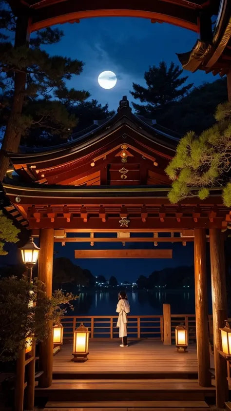 Moonlight、shrine、Shrine maiden、Kagura、[lake