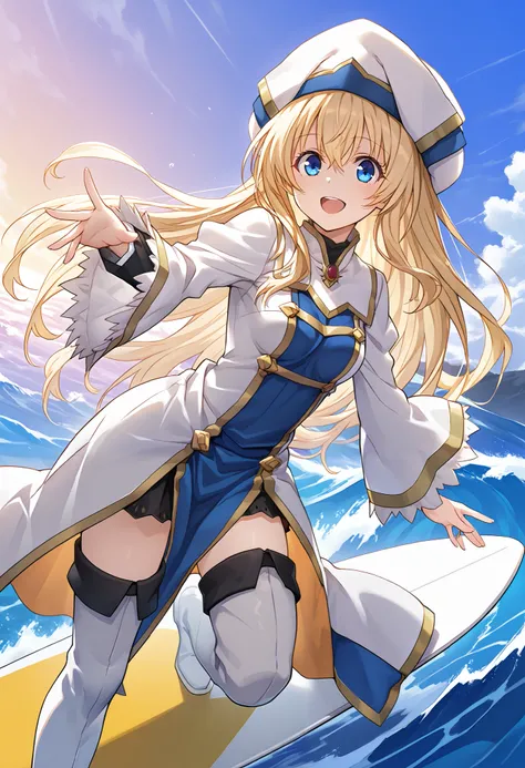 score_9, score_8_up, score_7_up, anime_source, priestess(goblin_slayer),blonde hair,blue eyes,hat,white headwear,long sleeves,hair between eyes,thigh boots,wide sleeves,small breasts,smile,open mouth,sea,Get on surfboard,(surfing:1.3),big wave,masterpiece,...