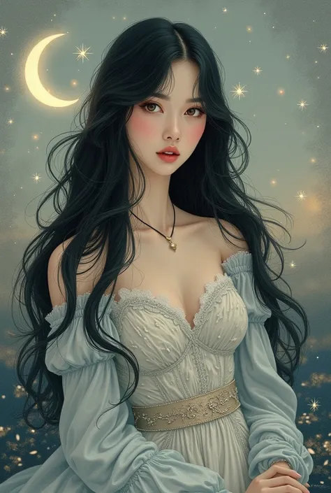  high quality, a beautiful double vintage exhibition, combining the illustration of a woman with long black hair, with a background in gray and bluish tones, mysterious, With stars and the moon