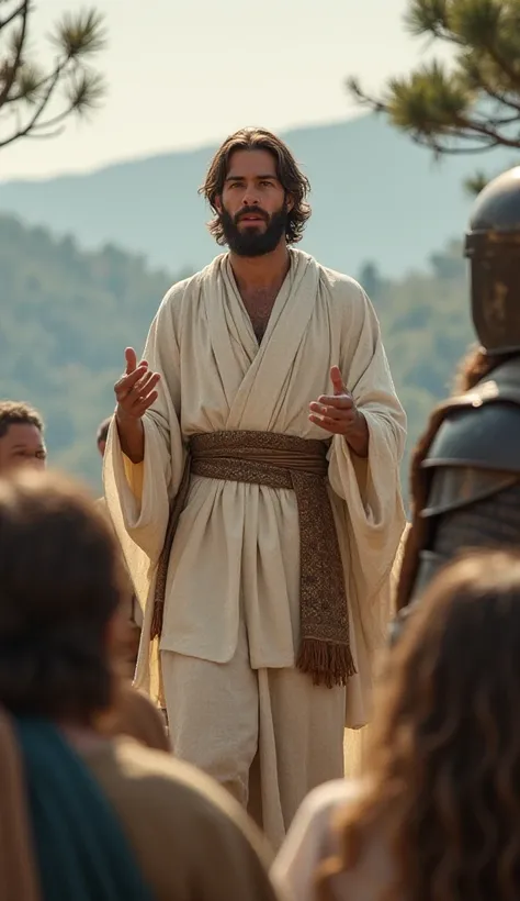  Create a young man , handsome,  of hair up to the ears , brown color and beard ,  dressed in white biblical times-style robes, standing preaching to the crowd in front of a Soldier, who is kneeling in front of him ,  dressed in biblical times-style armor,...