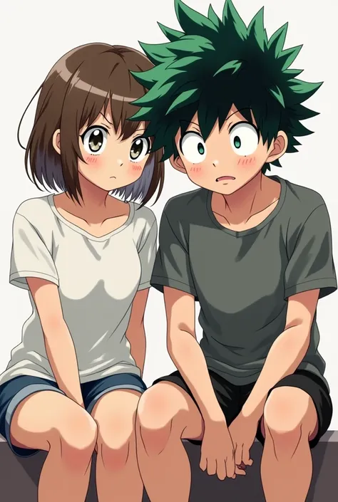  Screenshot My hero Academia 
A girl with short brown hair with white tips and gray eyes, She wears shorts and a white t-shirt .  She is sitting together with her friend Izuku Midoriya a boy with messy green hair and green eyes ,  wears a gray t-shirt and ...