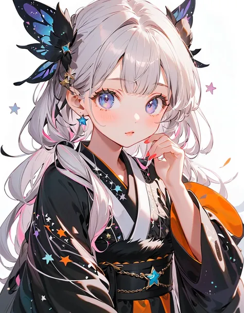  best detail、  1 girl，，Blink， （  the hair color is milky white and the tips of the fur are blue）、  The Cutest Girl in the World   ，Please wear a colorful and cute goth kimono costume  , star fairy ,Please wear a colorful and cute goth kimono costume   with...