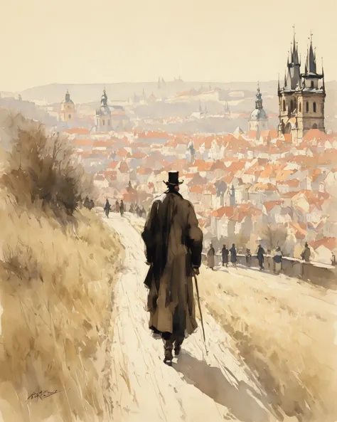 sketch, Of a man walking through a wide landscape of Prague in 1900, ,  with thick, crossed lines ,  artwork .  Calcium light .   alta resolución,    masterpiece,  alta resolución,  lines of motion,   The best quality  ,   tall details, beige sketch  . alt...