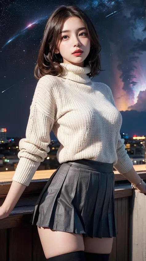 ai_kase, (A clear night sky with multiple nebulae clearly visible:1.2), (A beautiful girl looking at a nebula from the rooftop of a skyscraper), (Beautiful girl standing by the rooftop fence), (She is wearing a High neck voluminous sweater:1.3), break, (Hi...