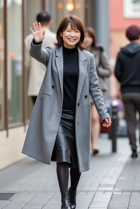  1 girl, solo, Beautiful Japanese wife 、50 years old、 high resolution, chest,  look,  blushing ,  shortcuts, bangs,  Hair, smile, masterpiece,  best quality,  anatomically correct,  gray coat、 black high neck sweater、 slit skirt、 boots、 The City of Tokyo、W...