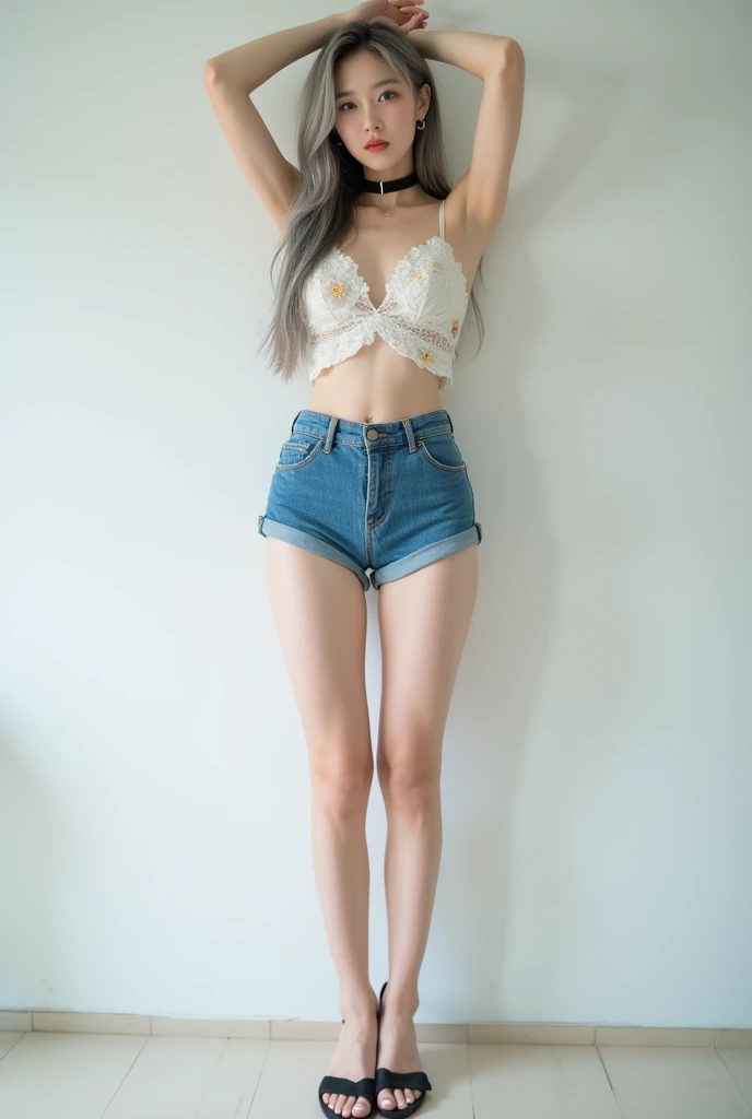  best quality,  Korean beauty,  Ultra High Definition, ( REALISTIC PICTURES:1.4), White floral bra ,  blue shorts , Black Choker,  long straight hair, ( faded gray hair :1), slim,  beautiful legs, white pedicure,  White and fair skin , Barefoot,  wears bla...