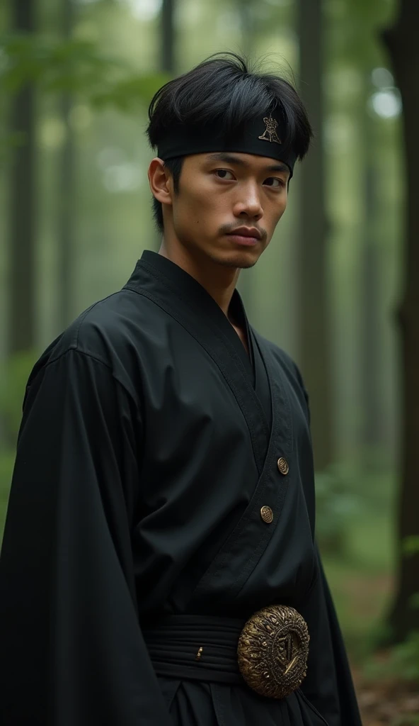 " A handsome young Indonesian man with dark hair and green eyes,  dressed in Sundanese custom black clothing complete with a headband .  standing in the middle of a dark forest .  Suddenly ,  he felt a mystical force flowing in his body .  His muscles enla...