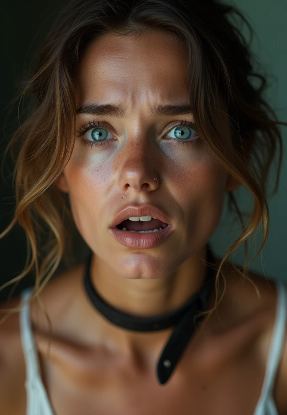 30 year old caucasian woman, Wet Hair, Breasts, Blue eyes, Surprised, Crying With Eyes Open, From Above, Light Brown Hair, leather collar